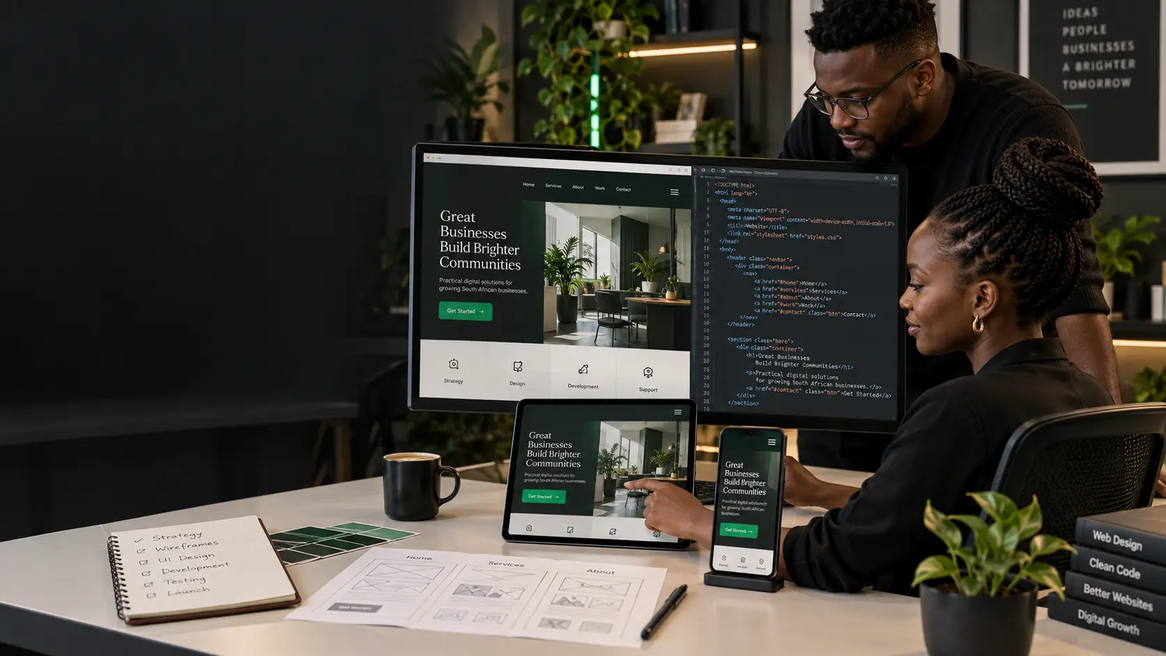 Skarsity designers building a responsive business website across desktop, tablet and mobile